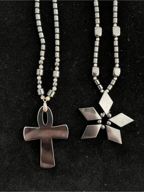 Hematite Ankh & Star Pendant Necklace Duo - Gunmetal Gray